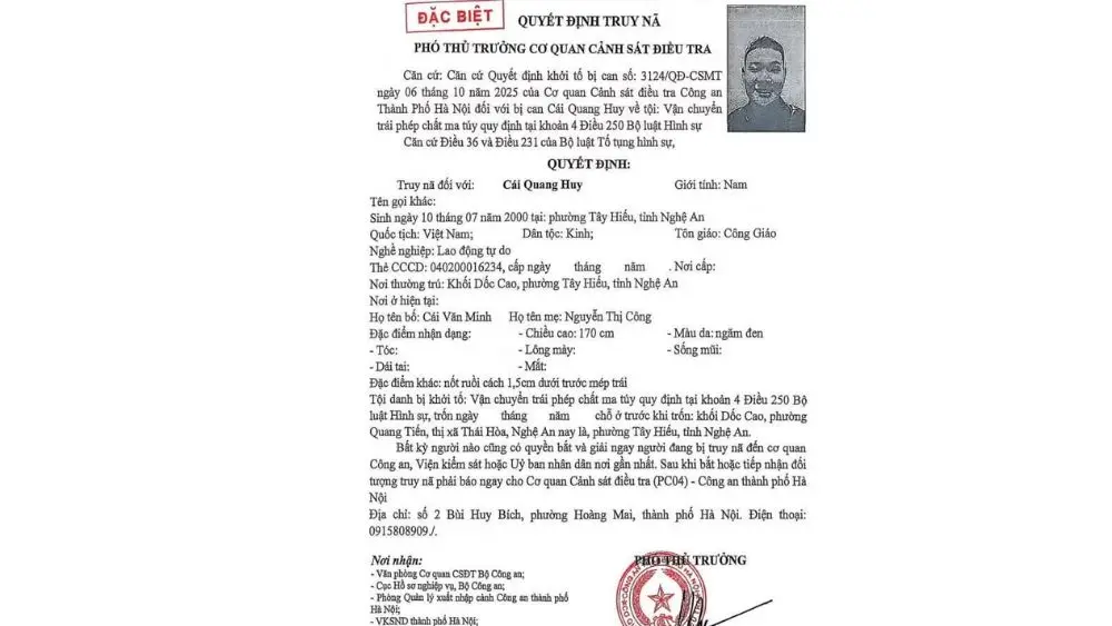 Quyết định truy nã Cái Quang Huy được ban hành khi bị cáo đang ở Đức và bị xét xử vắng mặt về hành vi vận chuyển trái phép chất ma túy.