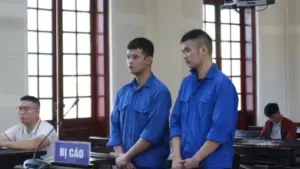 Hai tài xế Dương Mạnh Tài và Hồ Văn Duy lĩnh tổng 10 năm 6 tháng tù vì tổ chức cho 10 người Trung Quốc ở lại Việt Nam trái phép.