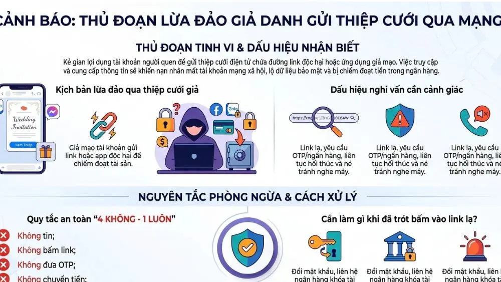 Cảnh giác lừa đảo qua thiệp cưới điện tử trên Facebook, Zalo: Thủ đoạn phát tán link độc hại nhằm đánh cắp thông tin và chiếm đoạt tài sản.