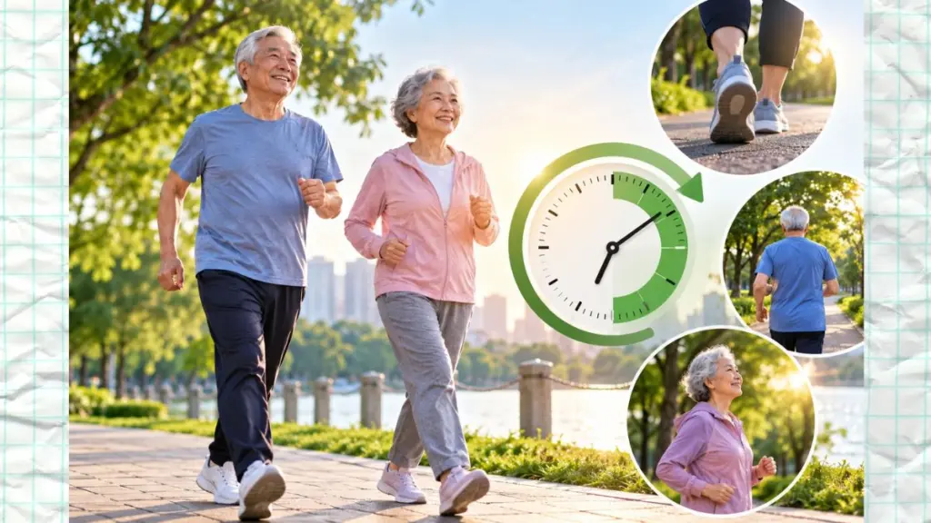 Người lớn tuổi đi bộ tập thể dục để duy trì sức khỏe và tăng cường khả năng vận động.