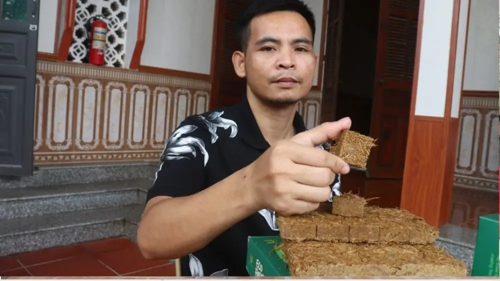 Nguyễn Xuân Tài khởi nghiệp với sản phẩm mồi nhóm lửa từ rơm rạ, tận dụng phụ phẩm nông nghiệp để tiếp cận thị trường quốc tế.
